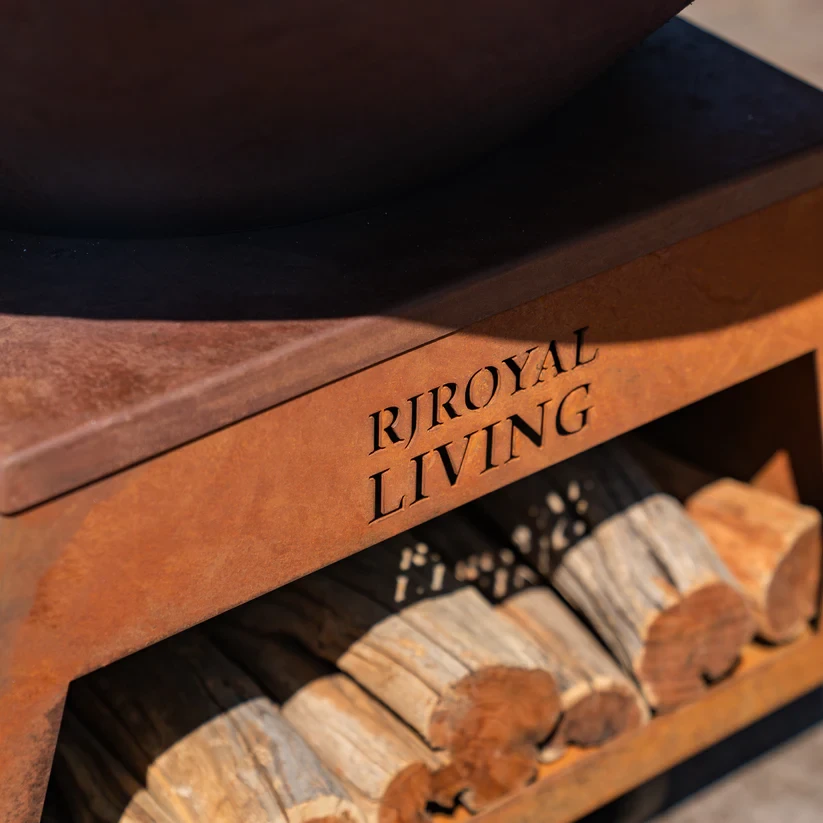 BBQ Plancha Grill Brasero Vuurschaal Cortenstaal met grote wielen, houtopslag en bakplaat Ø80cm