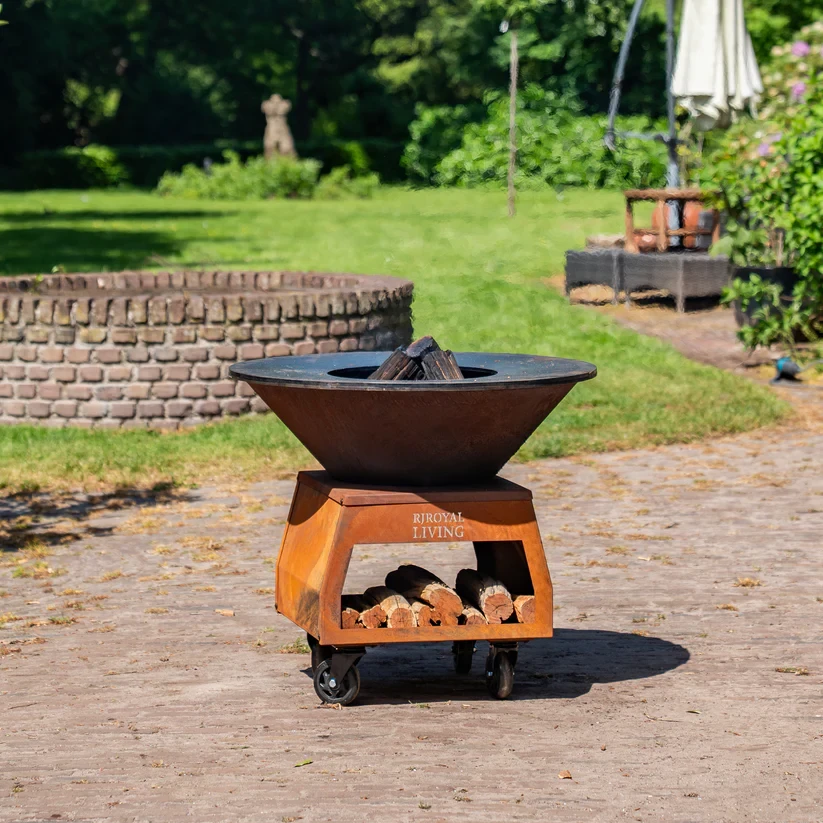 BBQ Plancha Grill Brasero Vuurschaal Cortenstaal met grote wielen, houtopslag en bakplaat Ø80cm