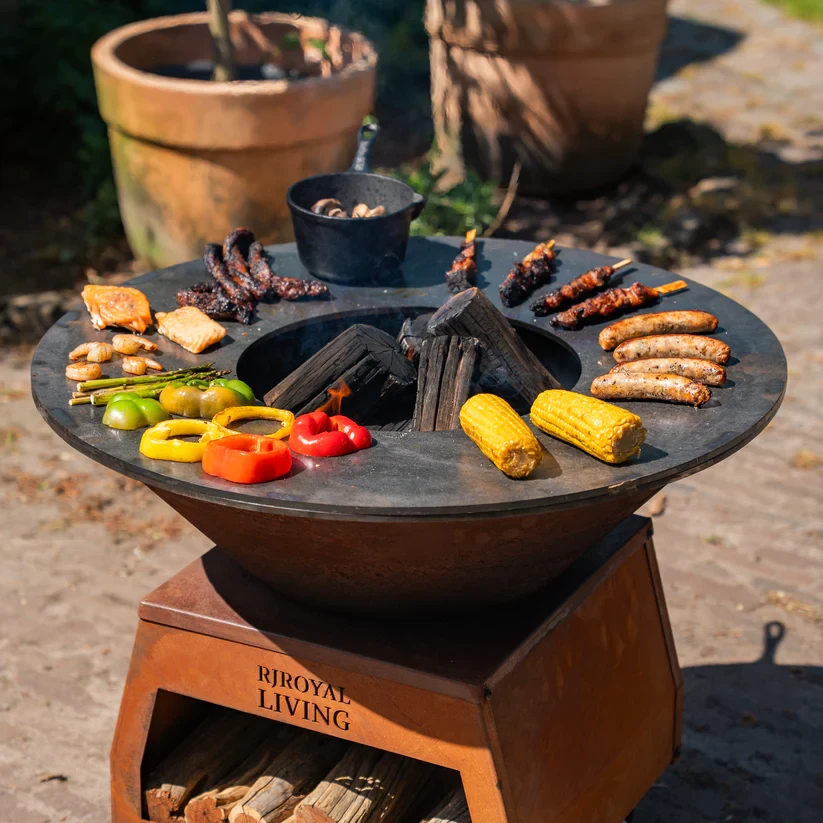 BBQ Plancha Grill Brasero Vuurschaal Cortenstaal met grote wielen, houtopslag en bakplaat Ø80cm