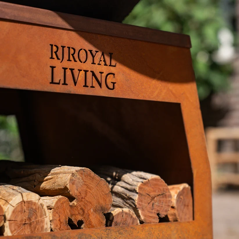 BBQ Plancha Grill Brasero Vuurschaal Cortenstaal met grote wielen, houtopslag en bakplaat Ø80cm